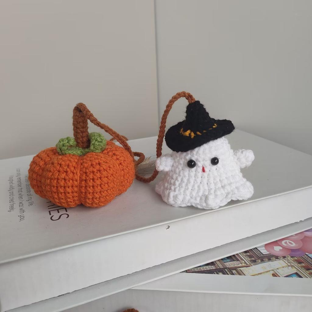 Crochet Ghost Car Pendants Creative Knitted Pumpkin Rearview Mirror  Pendant Halloween Decor