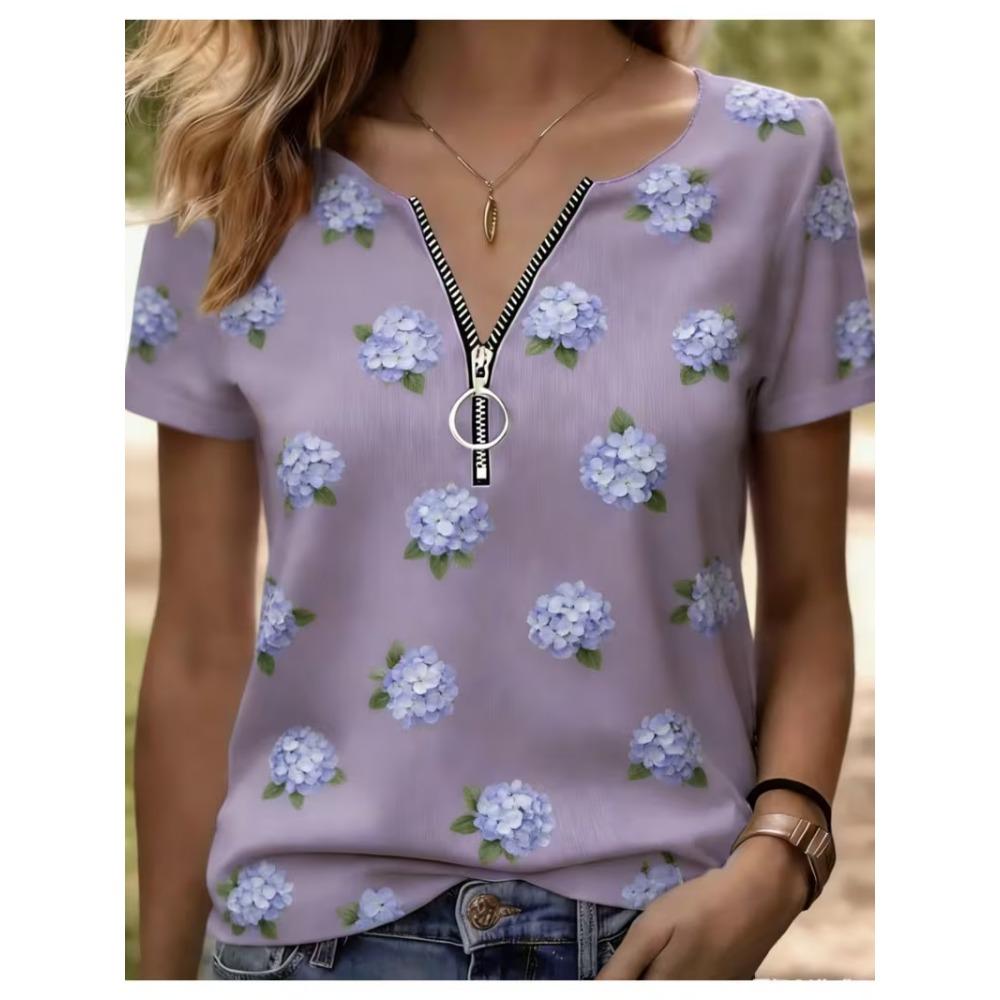 

Women s Polo Shirt with Fashionable Zipper and Geometric Design, Summer Loose Short Sleeved T-shirt L