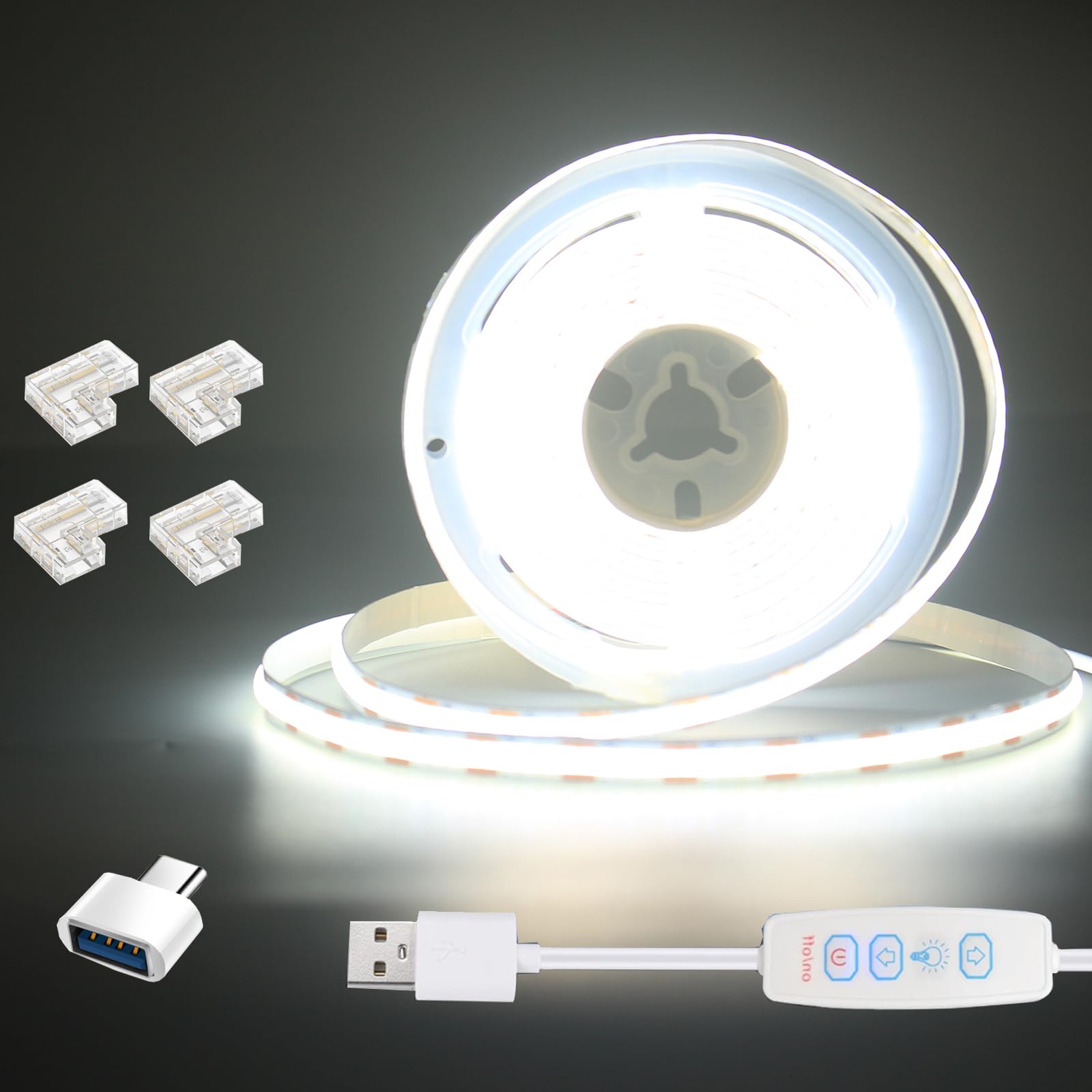 

FCOB LED Strip Light, COB LED Strip, USB 5V, 320 LEDsm, Dimmer Switch, 10 Levels of Dimming, Adjustable, High Brightness, Double-Sided Tape