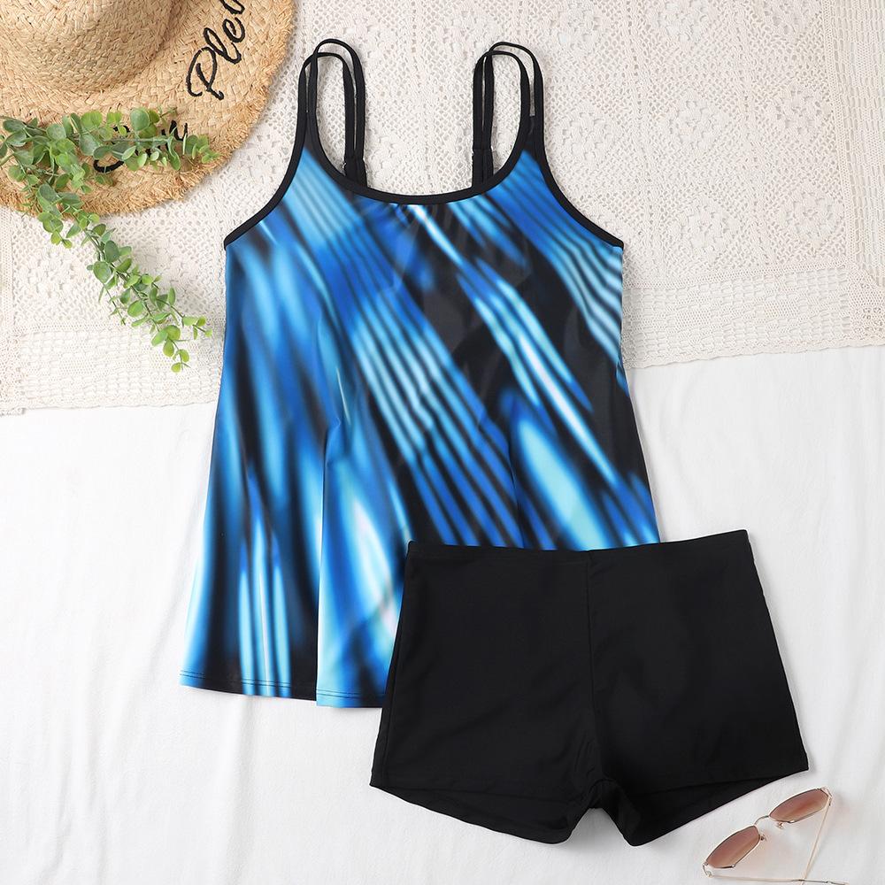 Plus Size Skirt Conservative Boxer Printing Multicolor Open Back Swimsuit
