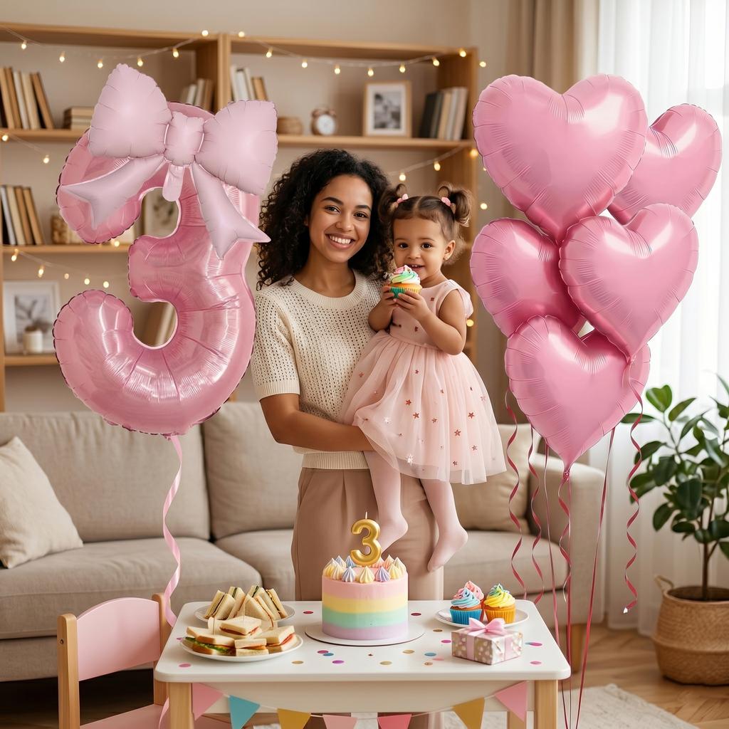 7pcs Pink Foil Number Balloon Set Bows Heart Balloons Numbers 1-9 Baby Shower Decor Girl's Birthday Party Decor Wedding Supplies 5
