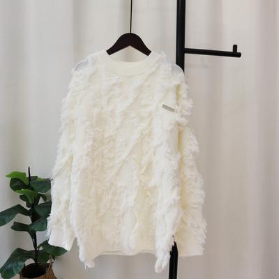 Autumn and Winter New Medium and Long Fringed Design Knitted Sweater Top Loose Lazy Style Sweater Pullover Woman
