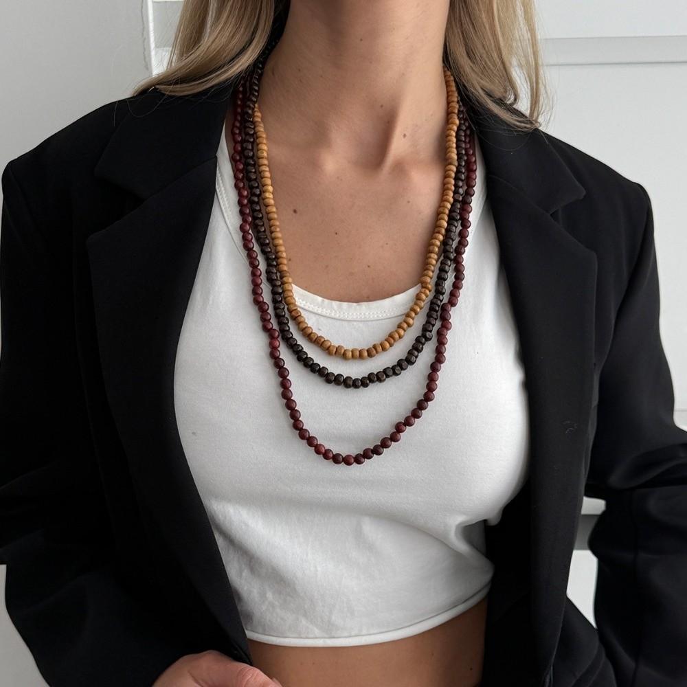 Lange Holzkugel-Halskette im Vintage-Stil Stapelbare Perlenhalskette Pulloverkette Schmuck Geschenke