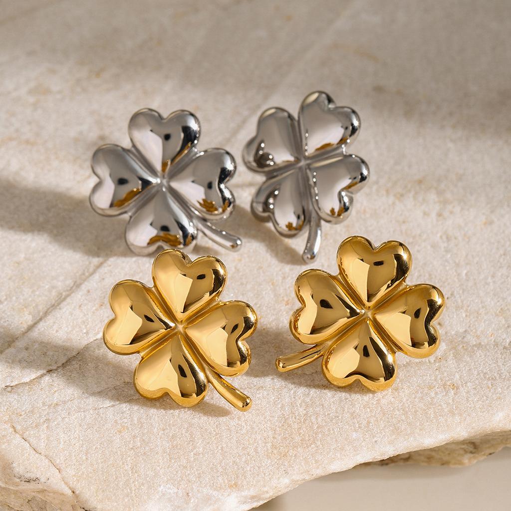 18k gold stainless steel/four-leaf clover earrings ins wind unique design sense split left and right titanium steel earrings