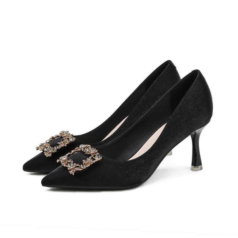 

7-Страз квадратная пряжка подружка невесты невеста красный свадебные туфли женские остроносые шпильки высокие каблуки 7 шпильки высокие каблуки 34 чёрный