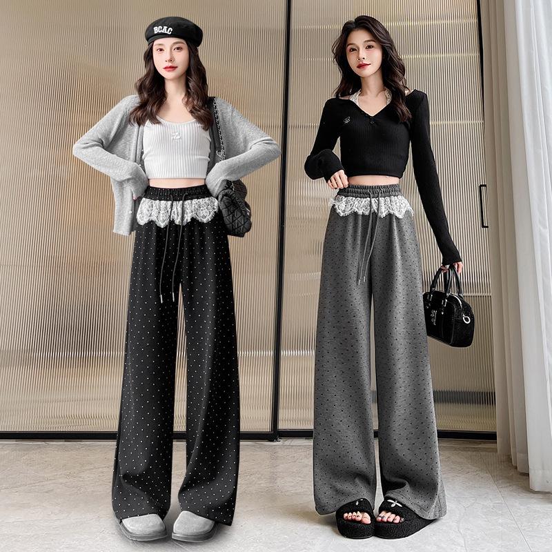 Spring 2025 Women's High-Waist Polka Dot Wide-Leg Sweatpants with Lace Trim