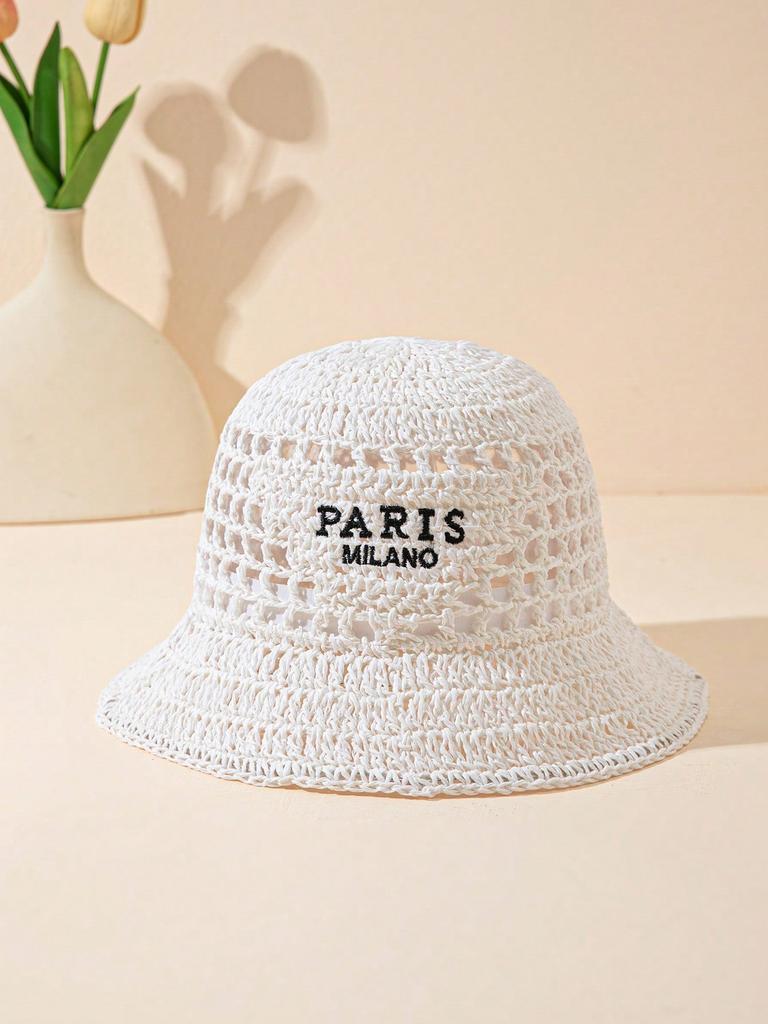 Women's Fashionable Bohemian Beach Resort Inverted Triangle Letter Embroidery Handmade Crocheted Straw Hat