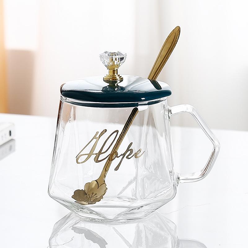 Taza de vidrio simple de vidrio con tapa cuchara oficina hombres y mujeres pareja taza de agua taza de café
