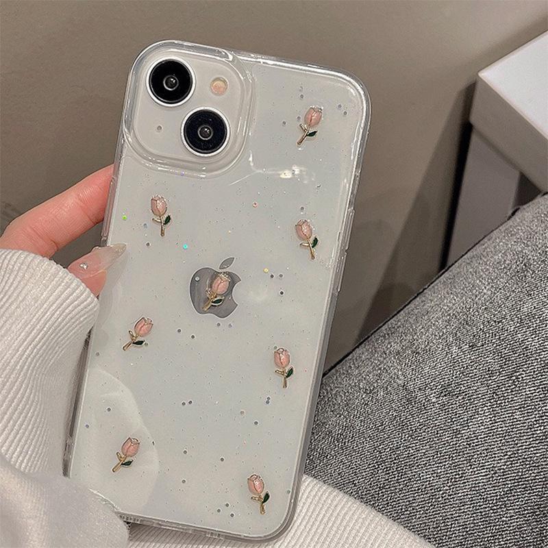 Flash Pink Ins Wind Phone Case for IPhone 16 Promax Tulip Flowers for Apple 17 Transparent Small Fresh