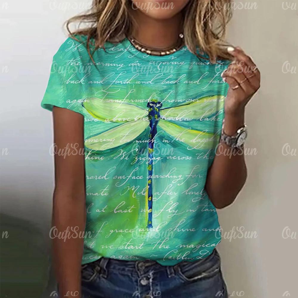 2024 Fashion Women's Short Sleeve Women's T-Shirt Dragonfly Print Fashion T-Shirt for Women Basic Casual Women's Oversized Top