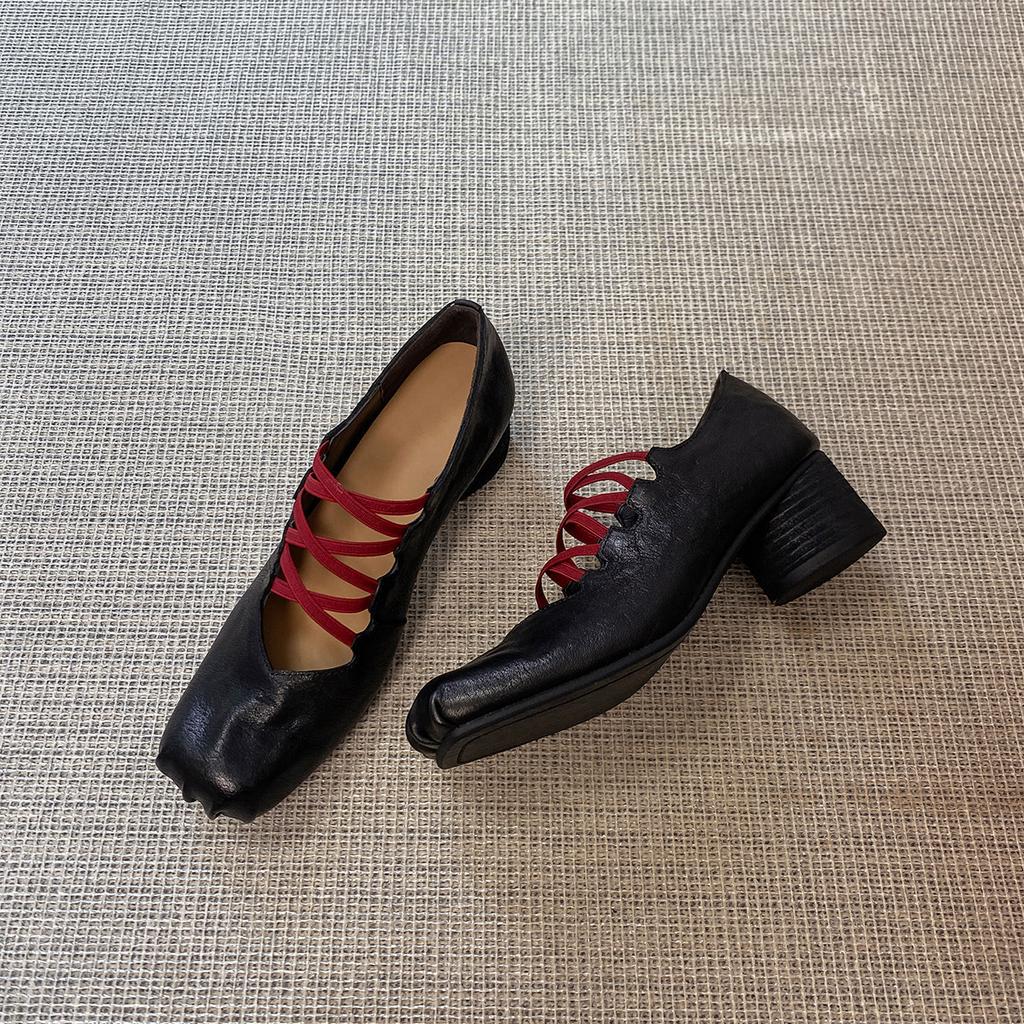 Vintage Crossed Mary Jane Shoes Women's Brown Thick Heel Shoes Pleated Square Ballet Shoes