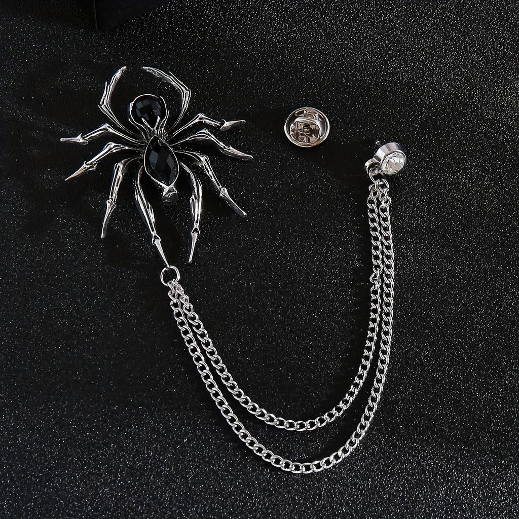 Golden & Silvery Alloy Spider Brooch Pins for Men | Vintage-Inspired Design, Faux Gemstone Embellished, Chain Necklace Accessory for Suits, Jackets