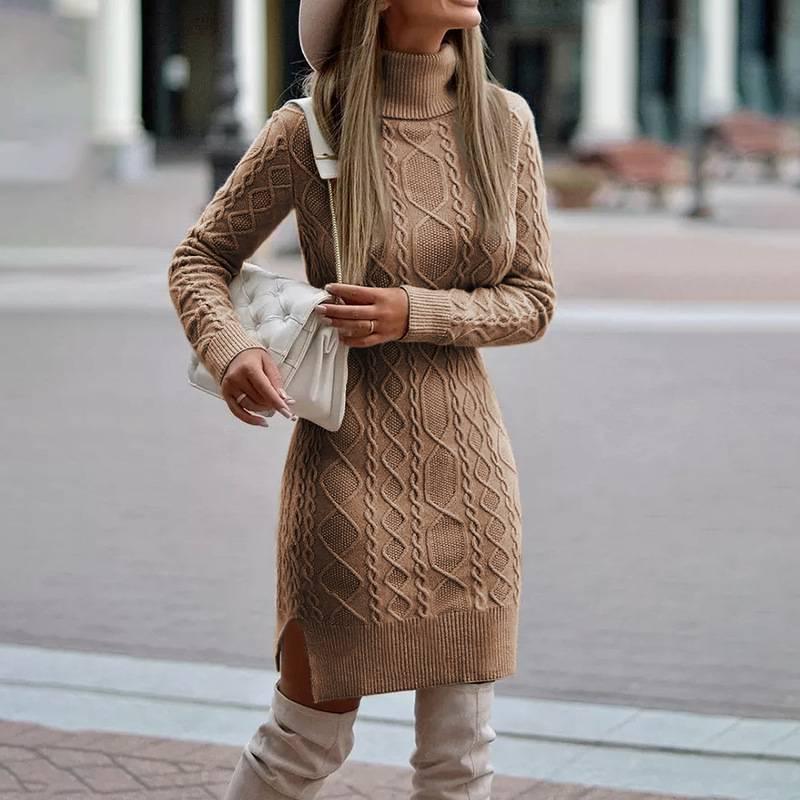 European & American High Neck Slim Fit Long Sweater Dress for Women - Autumn/Winter Warmth