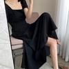 Summer New Ins Tea Break Dress, Temperament One-Shoulder Knee-Length Hepburn Style Black Dress for Plus Size Women