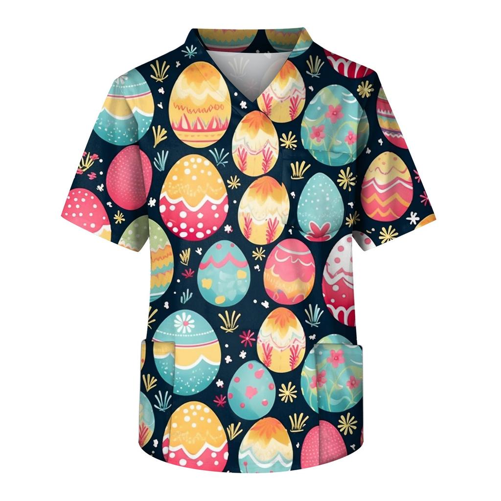 Men's Short Sleeve V-Neck Easter Egg Print Chest Pocket Care Top