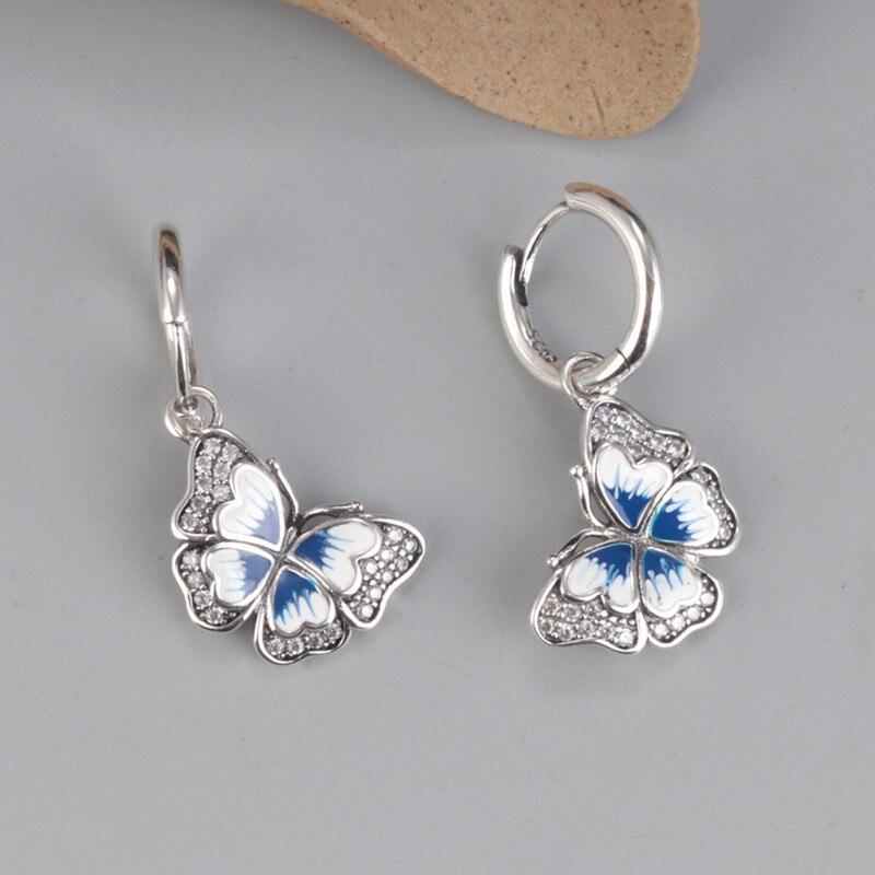 925 Sterling Silver Enamel Butterfly Hanging Earrings Certificated Jewelry Simple Marcasite Stone Ear Buckle Small Earrings E159