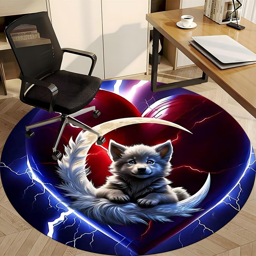 1pc Moon Wolf Office Round Area Rug, Indoor Mat Suitable ForOffice, Under Office Chairs Bedroom Living Room Home Decor T172