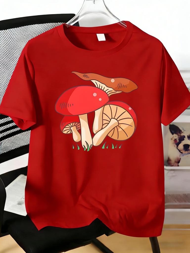 Unisexs Tee Vivid Cartoon Red Mushroom Cluster Print Cotton Short Sleeve Male Casual Streetwear Outdoor Daily Basic Fashion Top