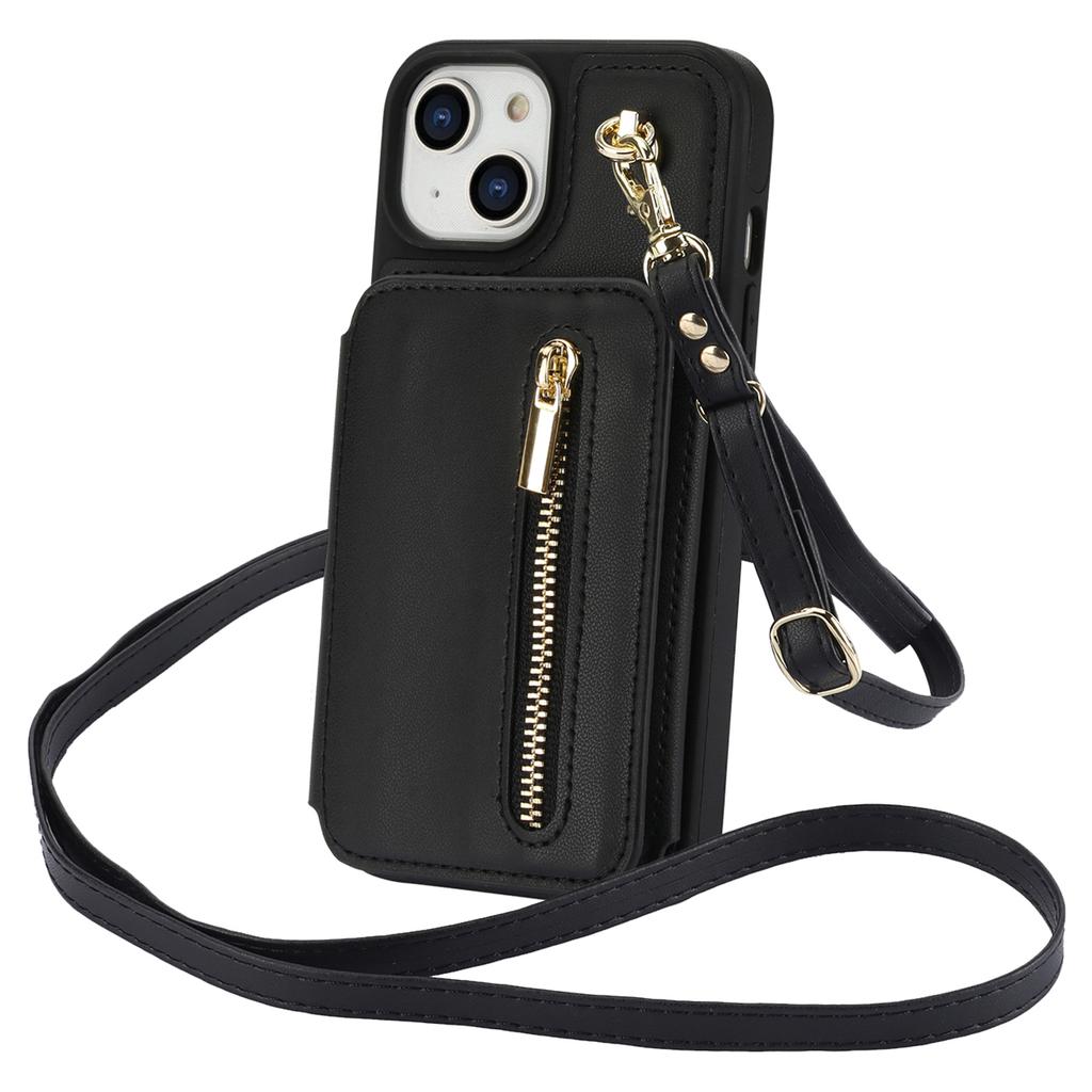 For iPhone 13 Case Zipper Pocket Kickstand Leather+TPU Phone Cover with 2 Straps