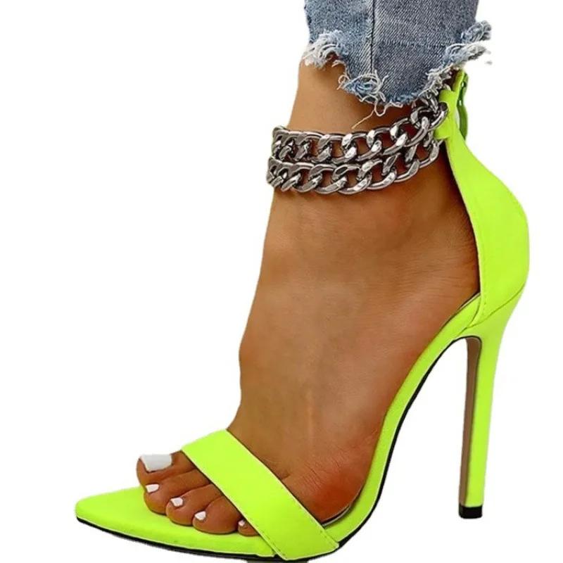 Metal Chain High Heels Women's Rome Summer Sexy Leopard Large Size Pointed Sandals Leisure Party Pumps