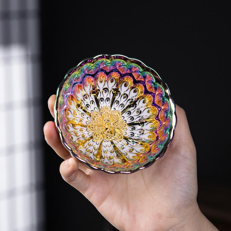 1 piece, colorful kiln-changed gold peacock teacup, Jianzhan master cup, tea tasting cup, kung fu tea set, ceramic personal special single cup