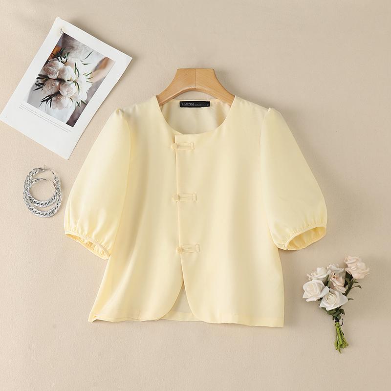 ZANZEA Blusa feminina casual gola redonda cor sólida verão manga curta