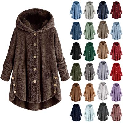 Women's Fashion Solid Color Button Hooded Plush Loose Casual Jacket