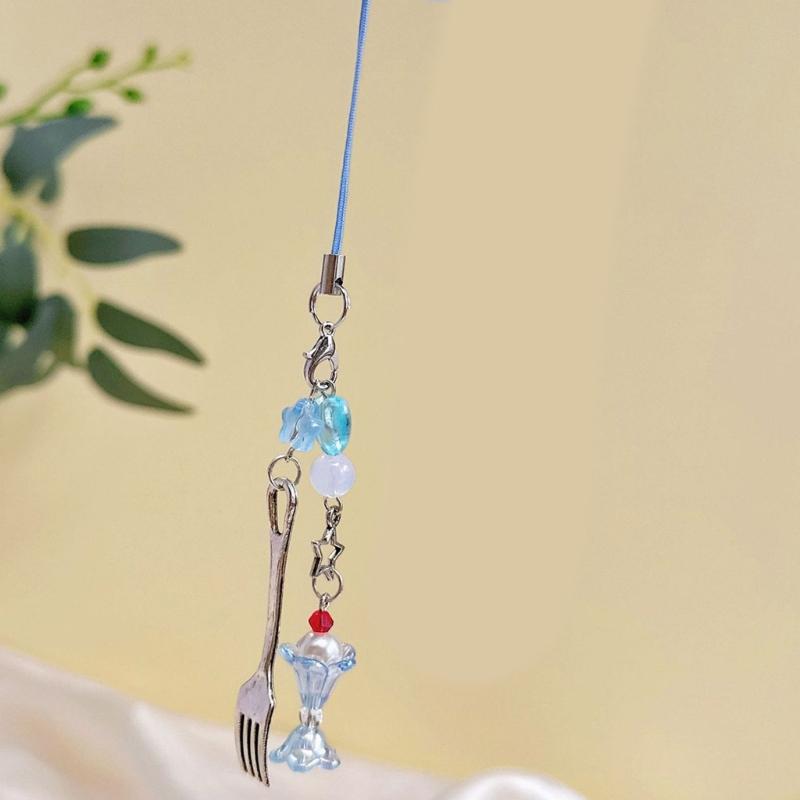 Cute Beaded Fork Phone Chain Ornament Heart Beaded Cellphone Pendant Phone Lanyard Bag Charm for Fashionable Individuals