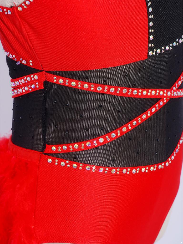 Girls Latin Dance Rhinestone Feather Asymmetrical Sleeveless Press Button Crotch Mesh Bodysuit