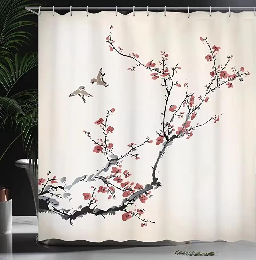 Sea Waves Octopus Shower Curtains Sun Red Floral Pavilion Japanese Style Landscape Polyester Fabric Home Bathroom Curtain Decor