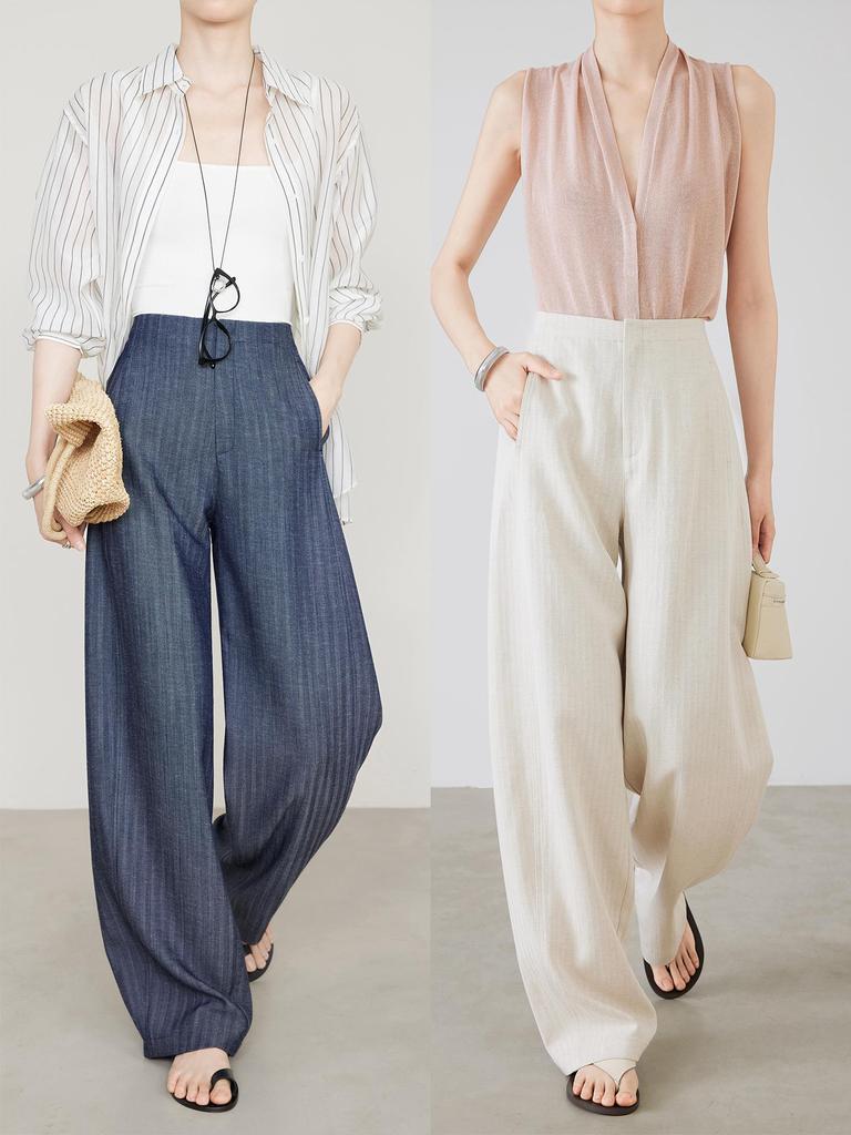 Women's Anti-Wrinkle Tencel Linen Pants, Spring/Summer, Loose Herringbone, Wide-Leg Design, Original Linen Color, Style 7896.