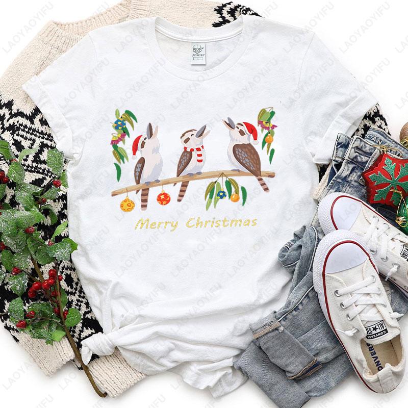 Womens Australian Kookaburra Bird Print TShirt Merry Christmas Australian Theme Tops Casual Blouse for Christmas Party Outfits