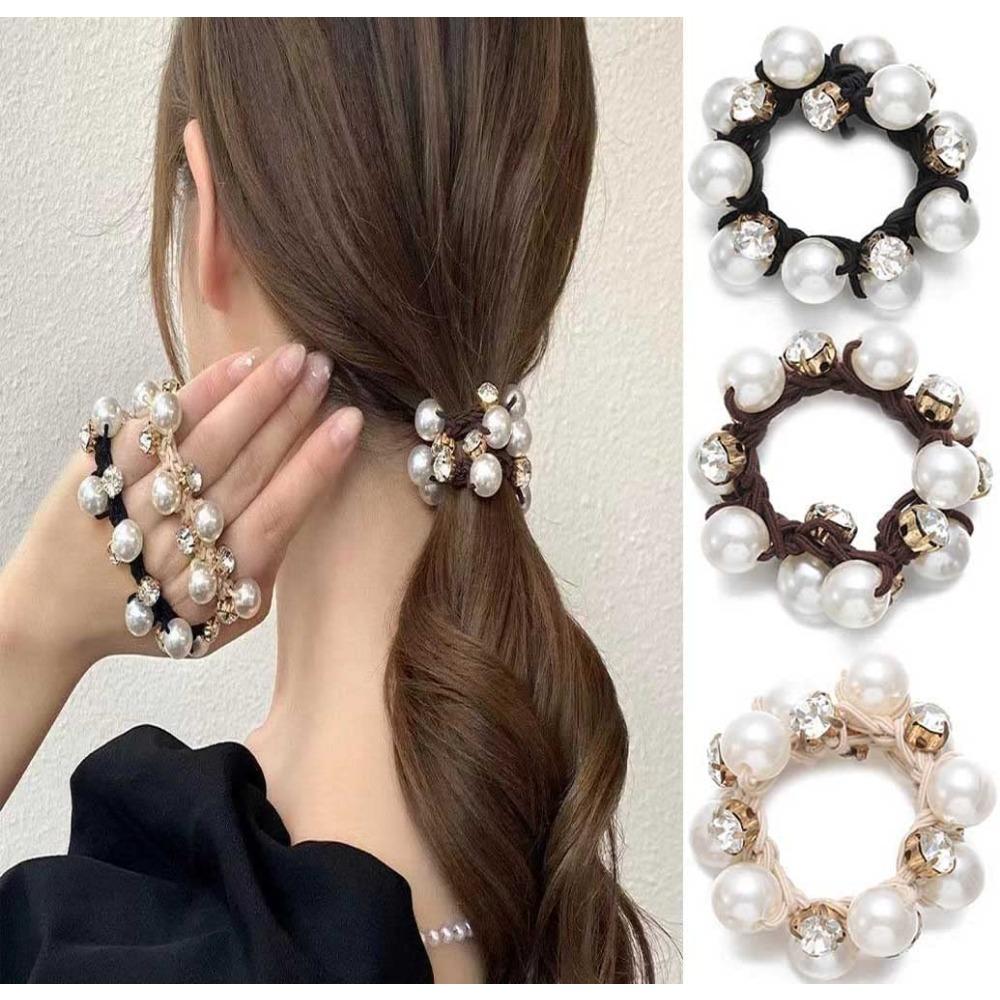 Retro Glitter Rhinestone Pearl-Trimmed Scrunchie Hair Tie for Women