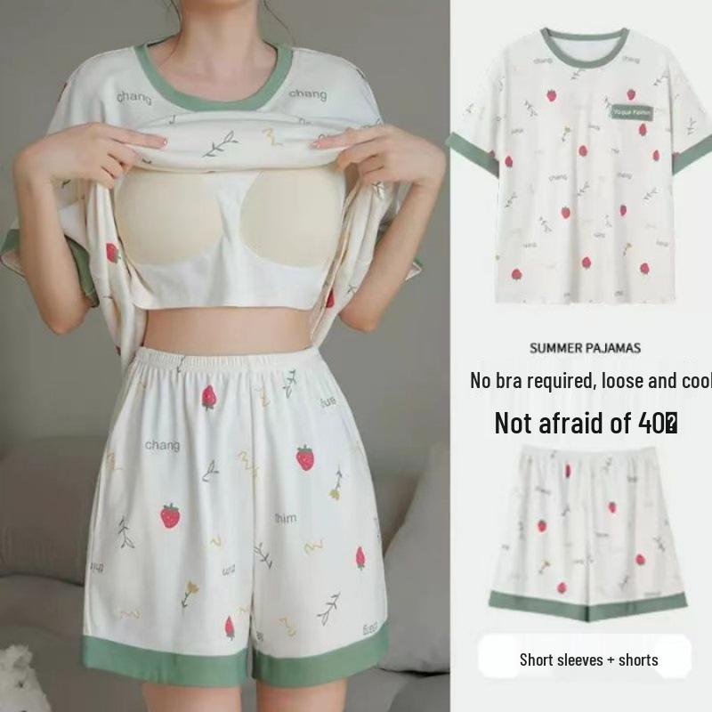 Women's Plus Size Imitation Cotton Summer Pajama Set with Built-in Bra, Casual & Sweet Design for Indoor/Outdoor Wear.
