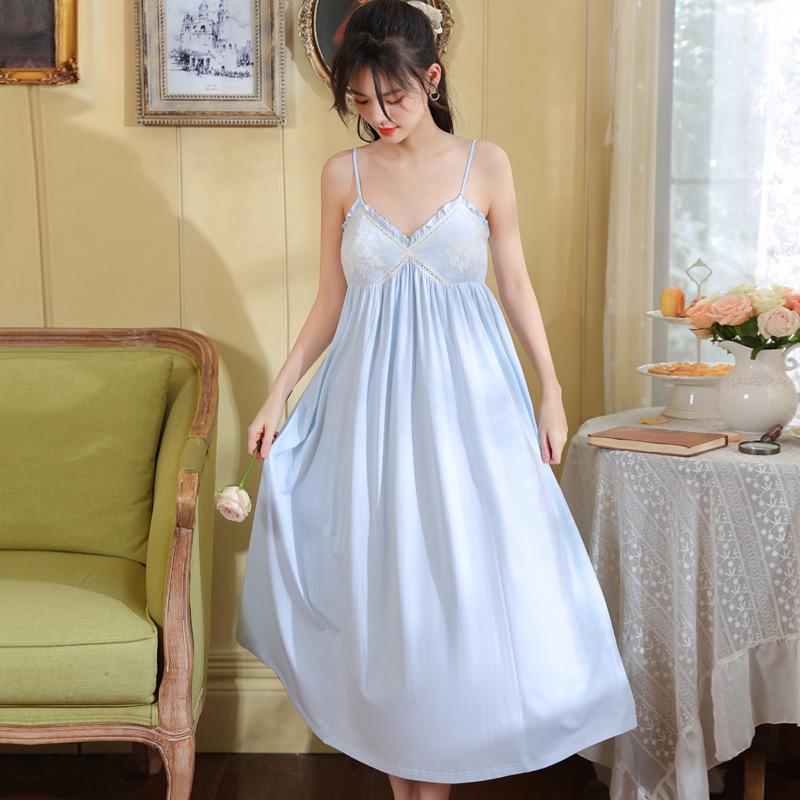 Court Style Lace Camisole Nightgown with Bra Pads - Sexy Cotton Long Sleep Dress for Women