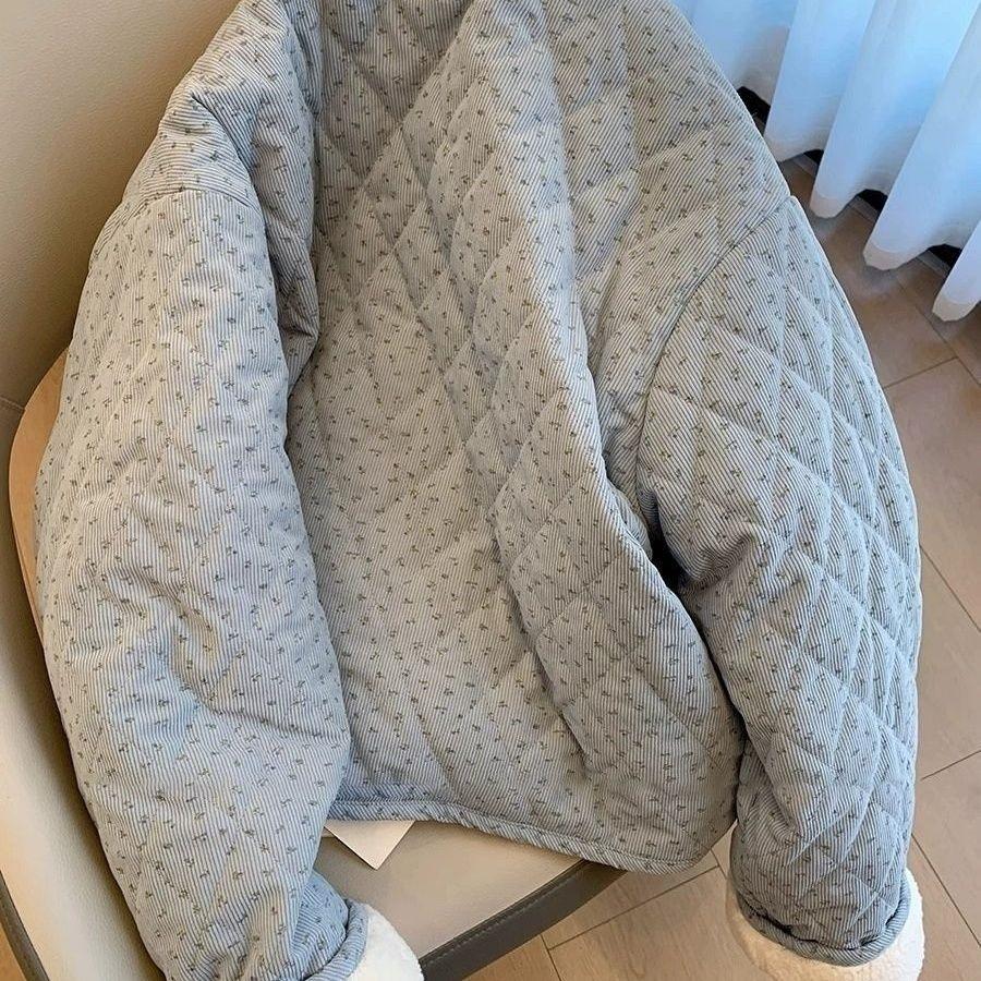 Corduroy Korean Version of Round Neck Floral Cotton Jacket Women's Autumn and Winter Loose and Versatile Warm Long-sleeved Cotton-padded Jacket