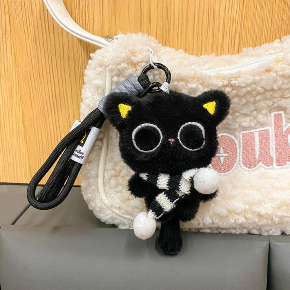 Soft Black Cat Plush Keychain Stripe Scarf Bag Charms New Car Key Ring  School Bag Decoration