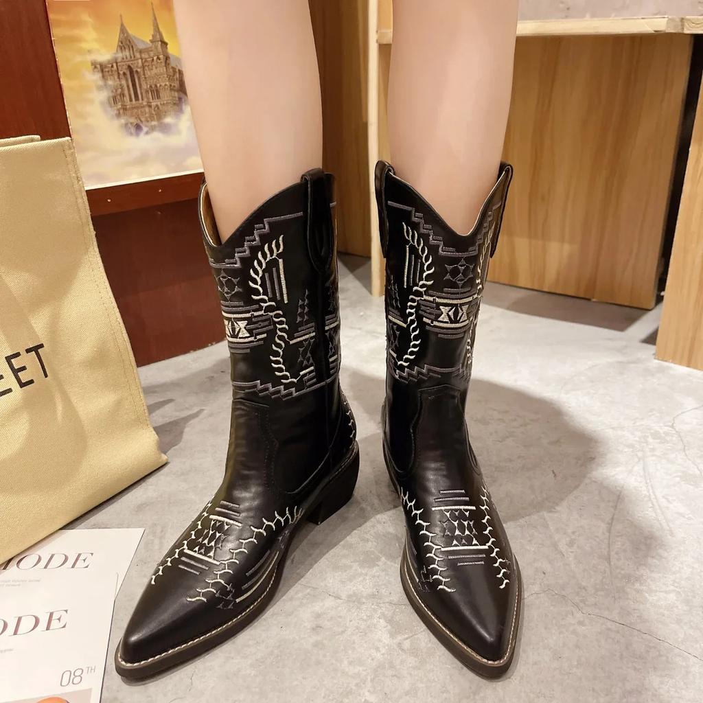 Womens Mid-calf Boots Fashion Pointed Casual Leather Boots Classic Embroidery Western Cowboy Boots Women Knight Boot Botas Mujer