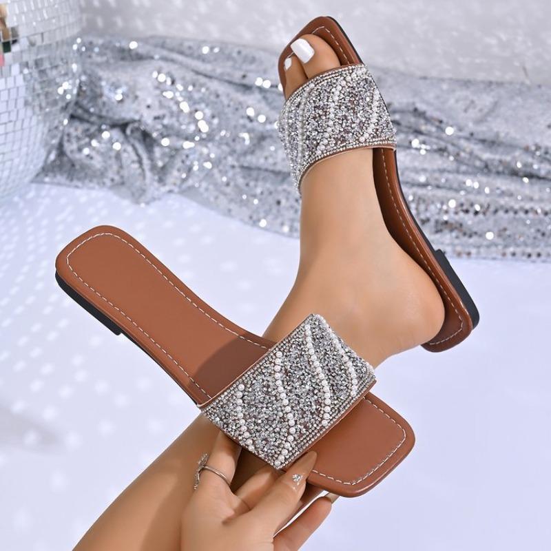 Sommer Neue Quadratische Spitze Bequeme Lässige Hausschuhe Modisch Leicht Temperament Strasssteine Außen Hausschuhe für Damen