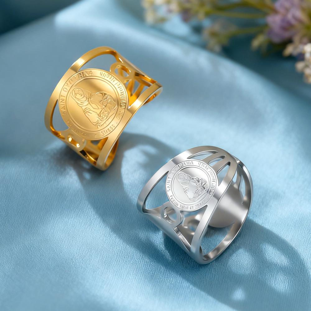Dawapara Saint Dymphna Women Ring Adjustable Religious Protector Ring Prayer Blessing Stainless Steel Jewelry Christmas Gift