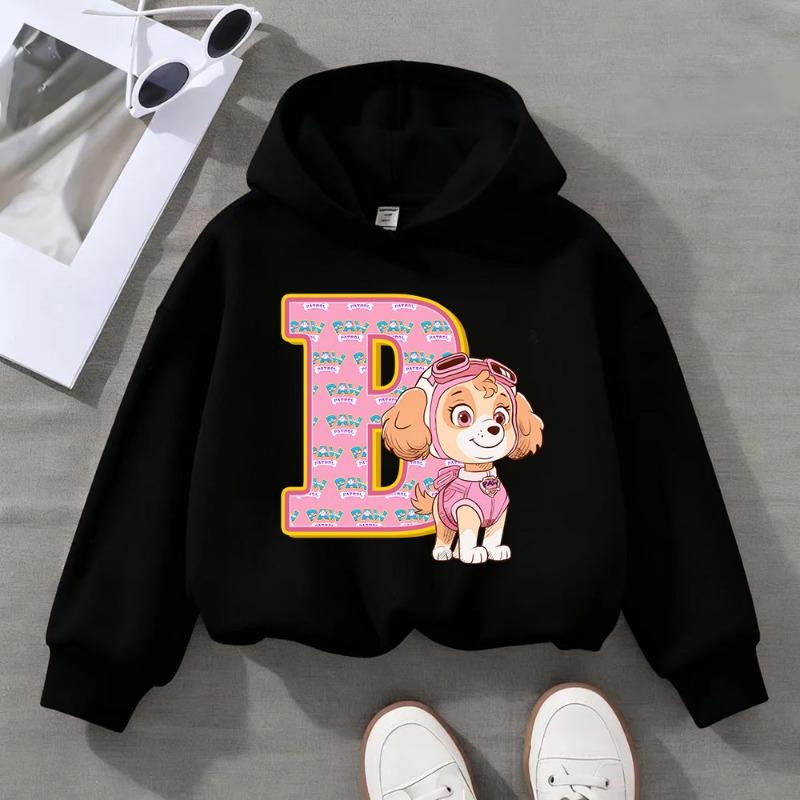 Child Black Long- Sleeve Hoodie Girls Skye Polyester Top Cartoon Letter A-Z Printed Pullover Children Birthday Gifts