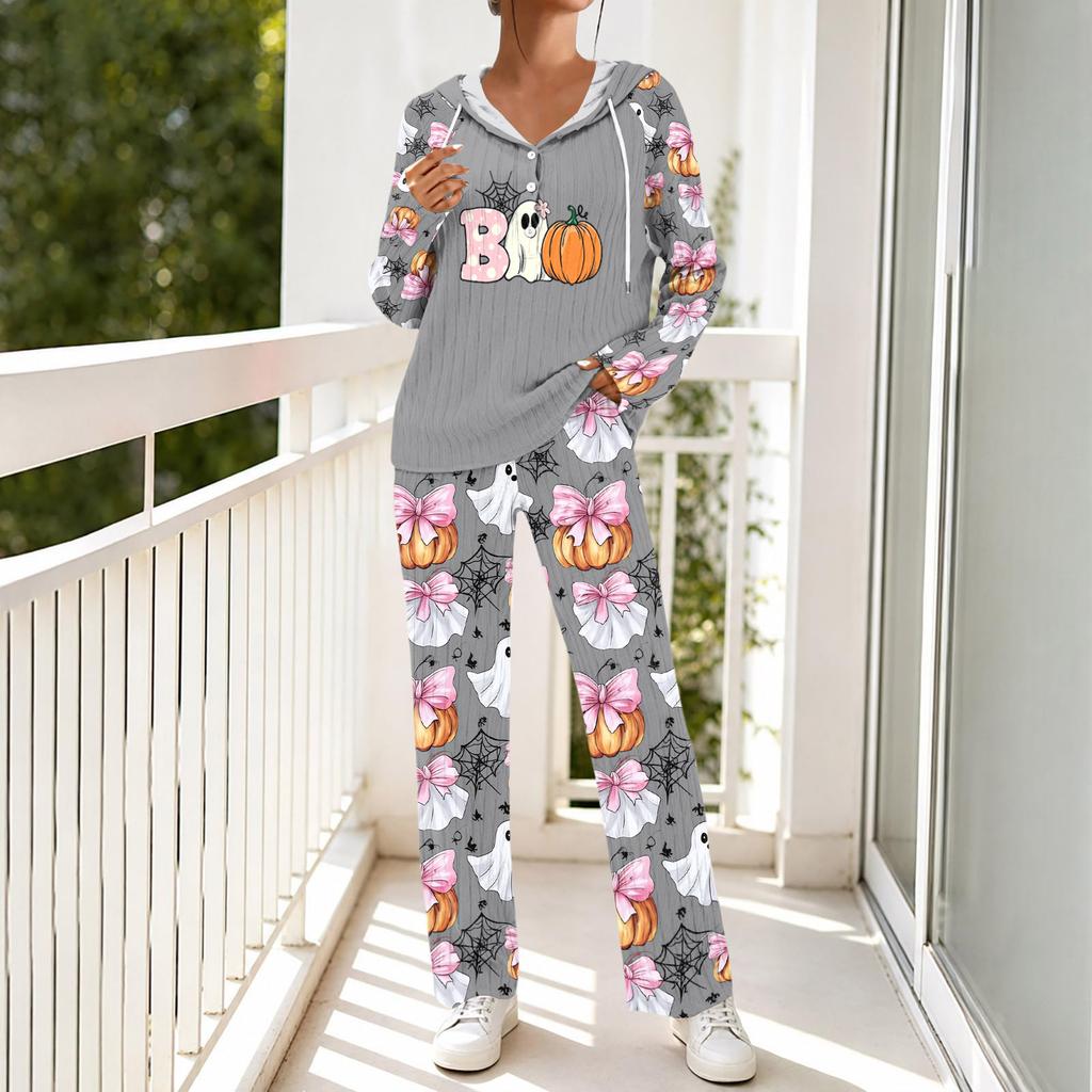 Women's Halloween Print Pajama Set, V-Neck Long Sleeve Hooded Loose Fit Sleepwear with Pockets