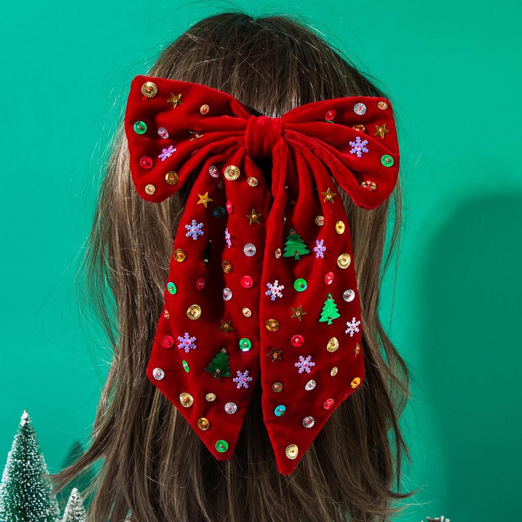 Heming's Christmas Hairpin: Bow with Star, Snowflake, and Tree Sequins - Holiday Party Accessory