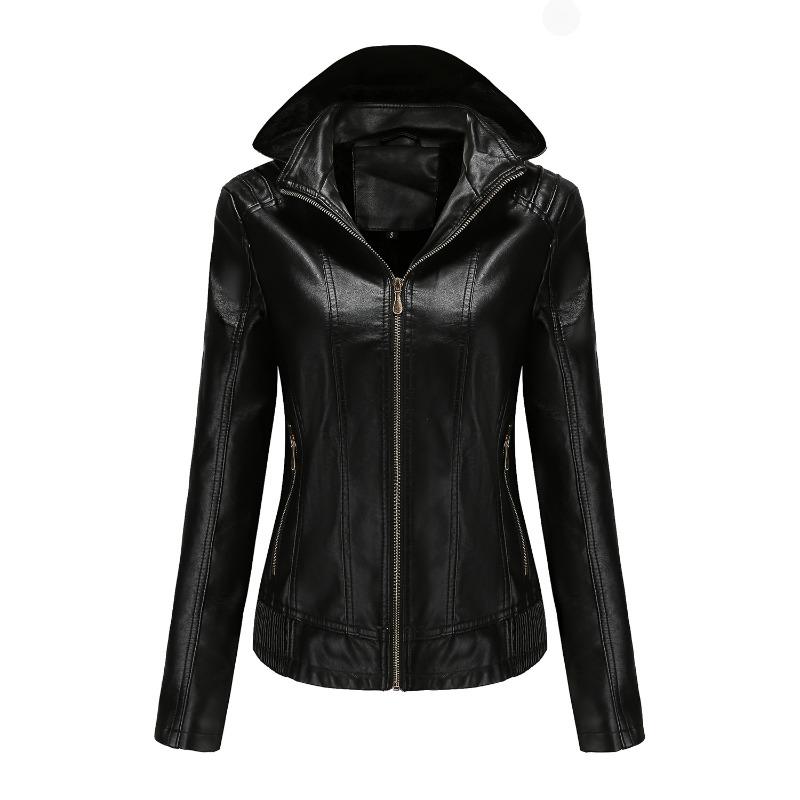 Herbst- und Winter-Lederjacke mit Kapuze für Damen, abnehmbare Kapuze, Reißverschluss, lange Ärmel, Fleece-Lederjacke, Slim-Jacke
