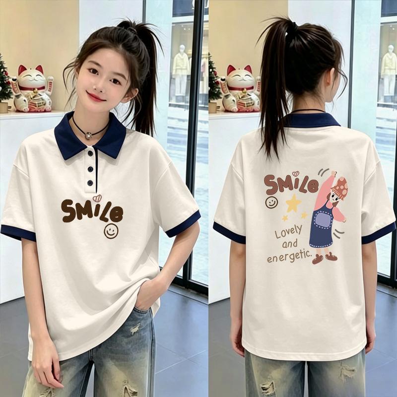 Trendiges Mädchen-Polohemd 2026 Sommer-Farbblock - Reine Baumwolle, Stilvoller Kragen, Kurzarm-T-Shirt für mittlere und große Kinder