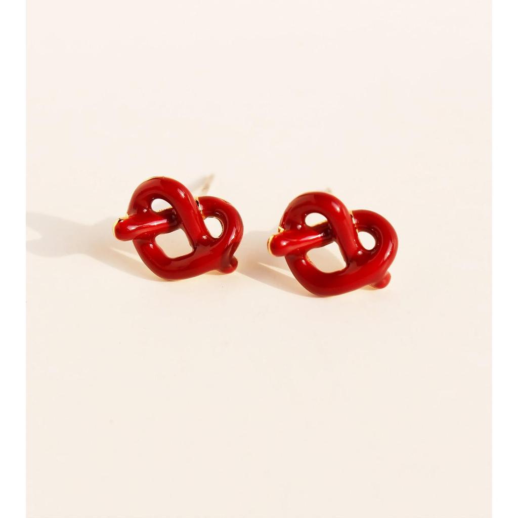 Red Enamel Heart Knot Earrings with White Drip Glaze