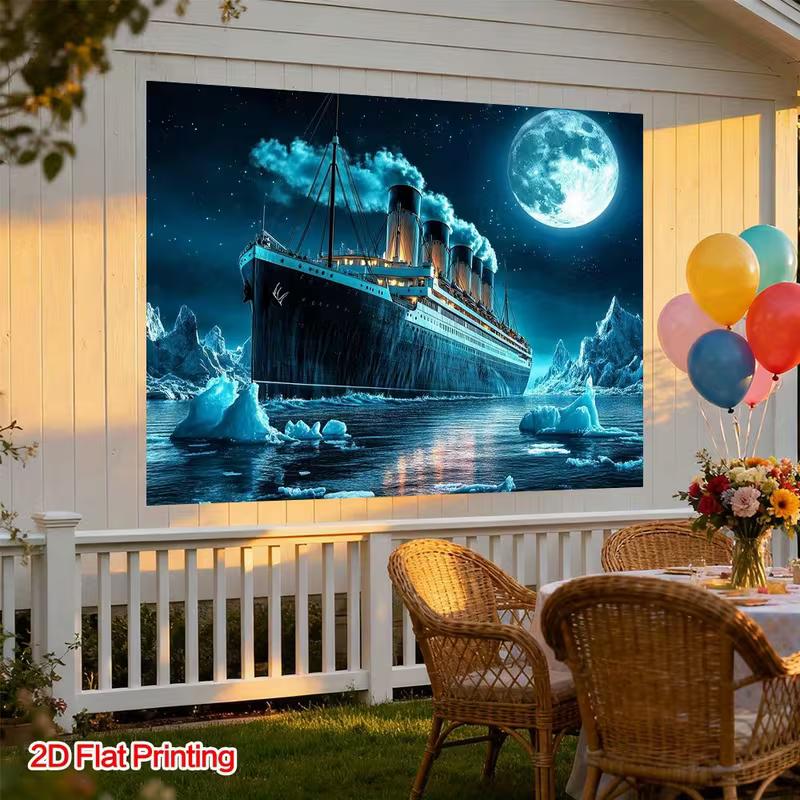 Marynistyczny gobelin Titanic, Nocny, oświetlony księżycem ocean z tłem gór lodowych, 120x80cm Tematyczna sztuka ścienna do domu