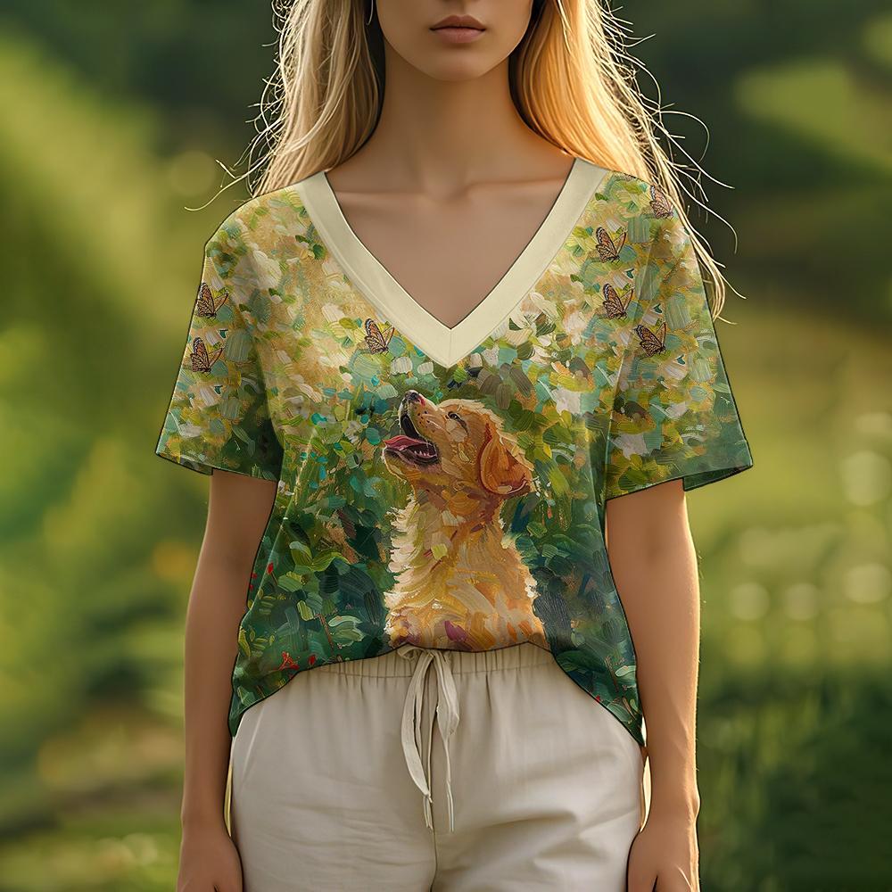 Summer Women's T-Shirt Oil Painting Puppy Print Casual Short-Sleeved 3d T-Shirt Fashion Street Wear V-Neck Pullover Oversized Wo