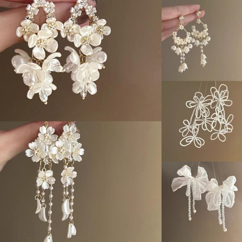 Elegant Fine Crystal Snow Gauze Bowknot Earrings for Women Girl Romantic Temperament Dangle Earrings Wedding Jewelry Accessories