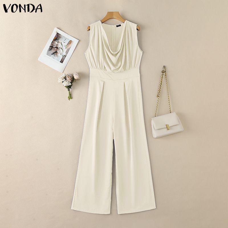 VONDA Women Summer Cowl Neck Sleeveless Casual Long Jumpsuits Overalls M